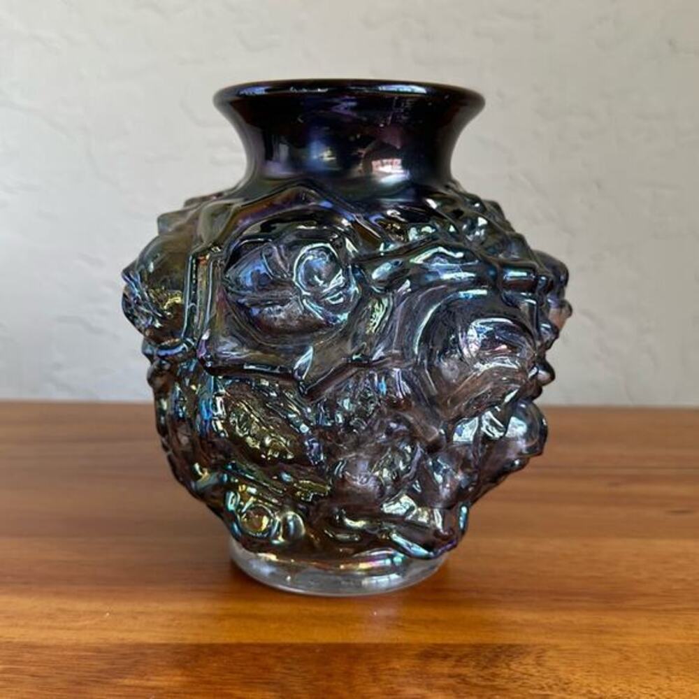 Rare Vintage La Bella Rose‎ Imperial Smoke Carnival Glass Vase Blue floral